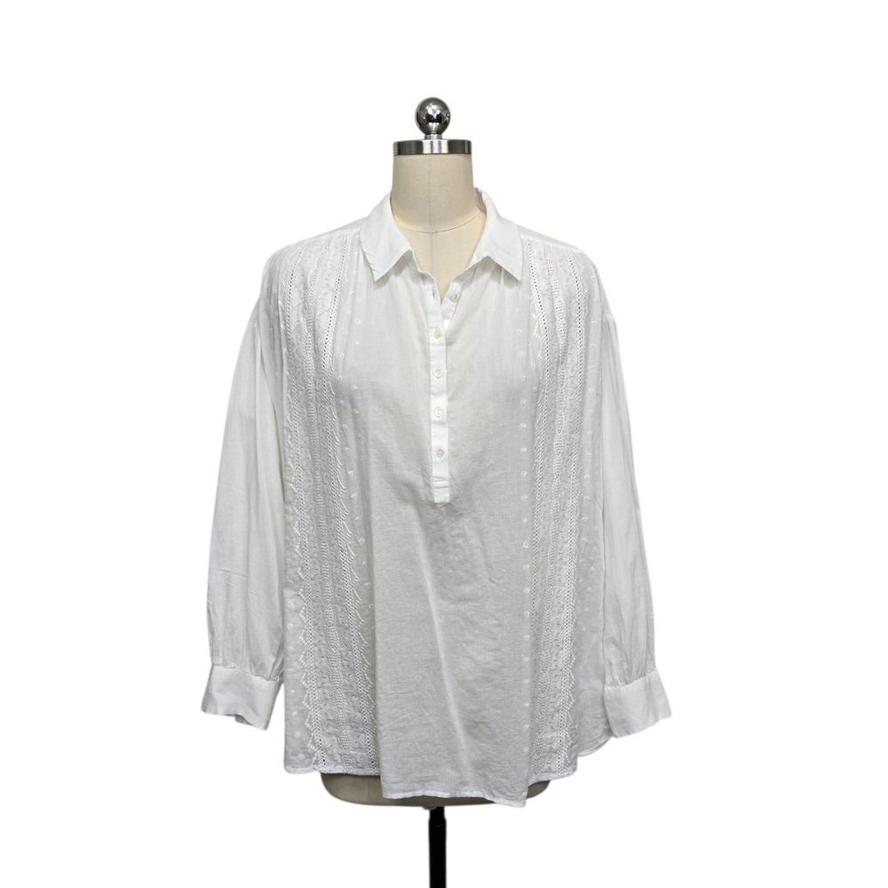 Nili Lotan Womens White Cotton Eyelet Embroidered Henley Blouse Size Medium‎